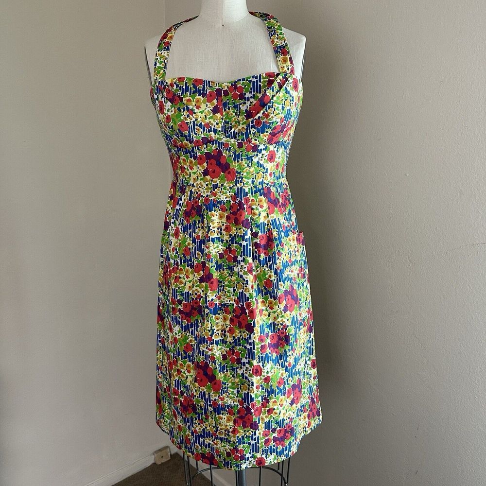 Girls from Savoy Halter Dress Womens 2 Multicolor Floral Retro Sweetheart Pocket